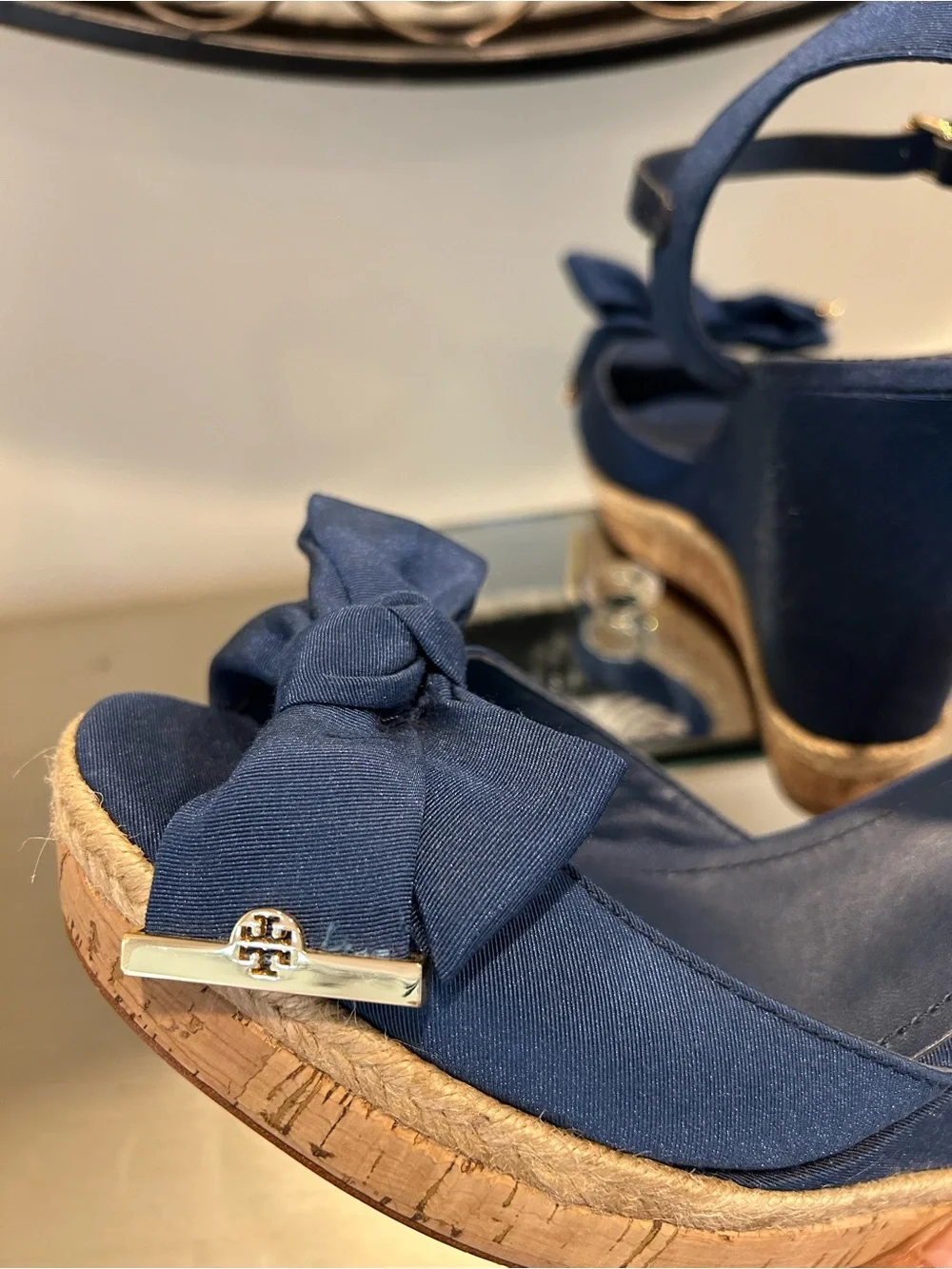 Tory Burch Navy Bow Espadrille Wedge Sandals